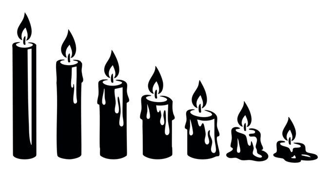 Burning candles in a row, illustrating the passage of time, aging, and consumption with melting wax and decreasing size