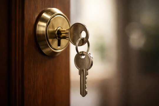 Sharp focus on door key in lock with smooth unfocused background