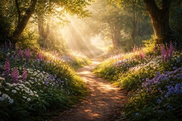 Obraz premium Radiant woodland path illuminated by sunlight and lush flowers creating a calm magical environment