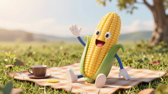 A joyful cartoon corn character sits on a picnic blanket, waving in a sunny outdoor setting. The vibrant colors and playful design evoke a sense of happiness and fun.