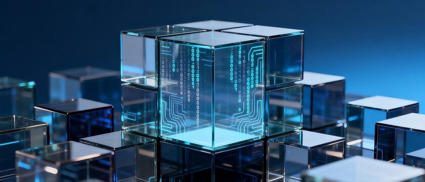 Glassy Tech Cubes with Circuit Patterns for Digital Innovation