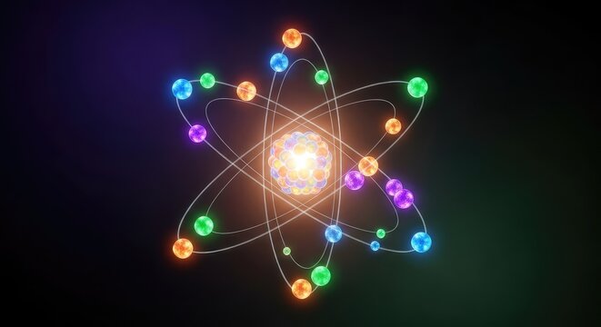 Vibrant scientific illustration of a central atomic nucleus with glowing electrons traveling along orbital paths against a dark backdrop, particle, quantum, subatomic