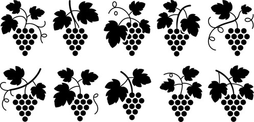 Obraz premium Black Silhouette Grape Bunch and Vine Leaf Collection Set with Various Shapes for Winery Wine and Vineyard Label Design