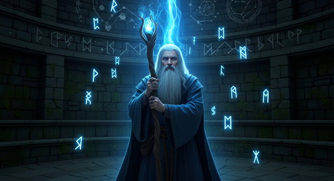 Powerful wizard merlin casting spells with glowing blue runes