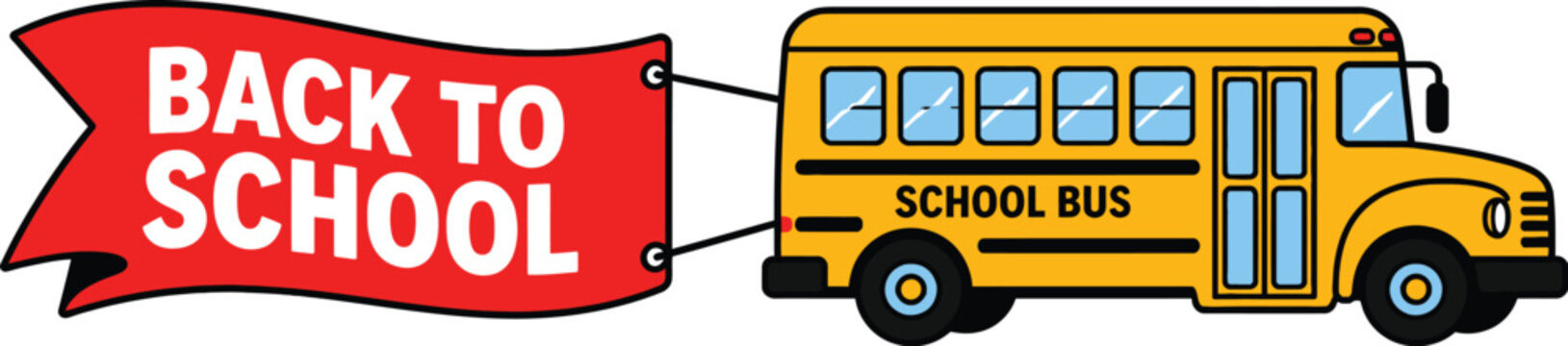 Bright yellow school bus pulling a red banner with back to school text for students