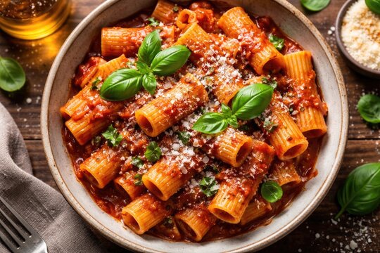 Rich tomato rigatoni pasta captured from above with fresh basil and a dusting of Parmesan cheese