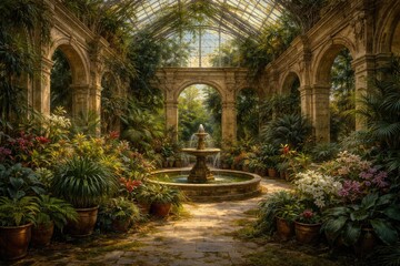 Fototapeta premium Oil painting illustrating a botanical greenhouse with limestone features