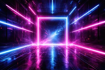 Fototapeta premium Square portal framed by bright neon pink and blue lights in an abstract glowing tunnel with intense laser visuals