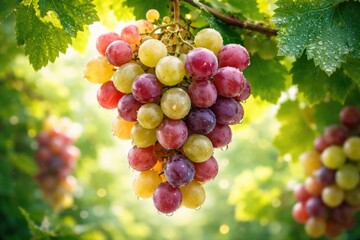 Naklejka premium Vibrant fresh grapes along with green leafy background suited for spring editorial layouts