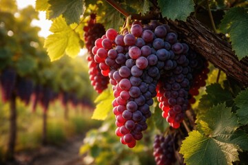 Naklejka premium Focused image of Sangiovese grapes turning red on vineyard vines