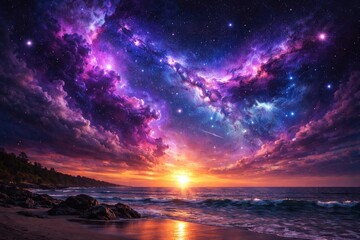 Fototapeta premium Vibrant purple and blue nebula clouds with stars drifting across summer sunset seascape
