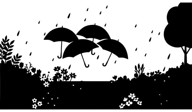 Minimal umbrellas and flowers in rain vector spring background design