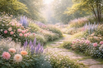 Fototapeta premium Pastel color garden landscaping image featuring outdoor flowers and copy space