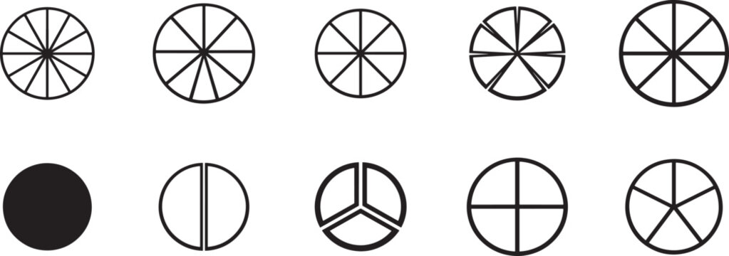 Segmented circle vector set with 1-10 divisions, clean infographic elements for charts and UI design.