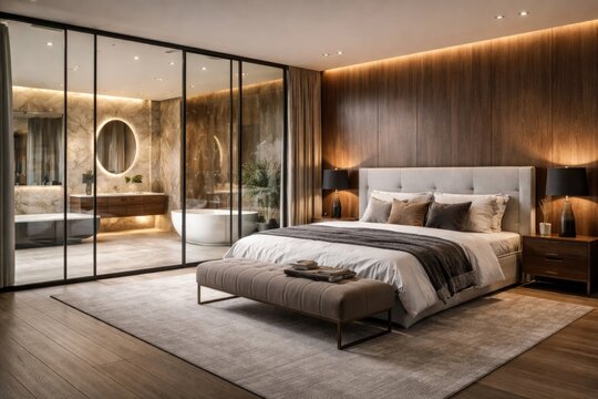 Spacious modern bedroom showcasing glass partition separating bedroom from bathroom and stylish bedside bench