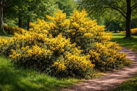 Bright yellow flowering Ulex europaeus shrub spreading aggressively in park environment