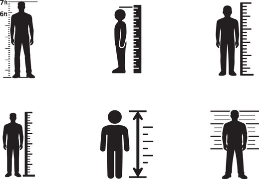 Human height scale icon set showing tall person measurement, size comparison and growth indicators.