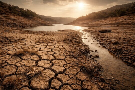 Parched terrain demonstrating drought effects and diminished water supply