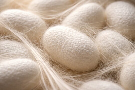 Silkworm cocoons close-up showcasing white smooth surface and delicate fibers for textile production