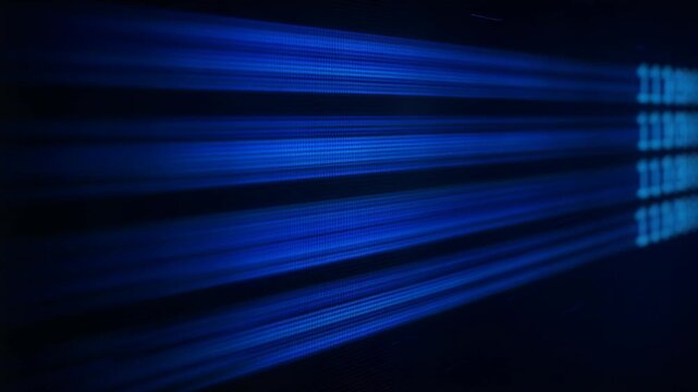 Abstract digital data stream on a dark background. Vibrant blue binary code illuminates and extends into light rays, symbolizing technology, progress, and connectivity