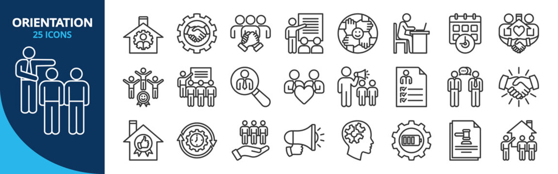 Orientation outline icon set. Contain employee orientation, training, documentation, process, compliance, time management, upskill, evaluation, people engagement, communication