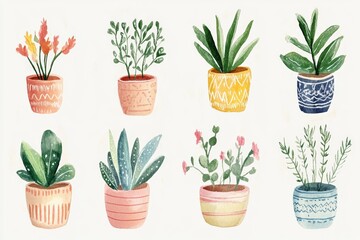 Obraz premium Different types of plants in colorful pots arranged in two rows on a light background