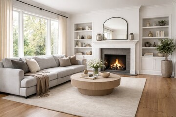 Obraz premium Spacious living room setup with wood floor, white walls, fireplace, and a gray sofa paired with a round coffee table