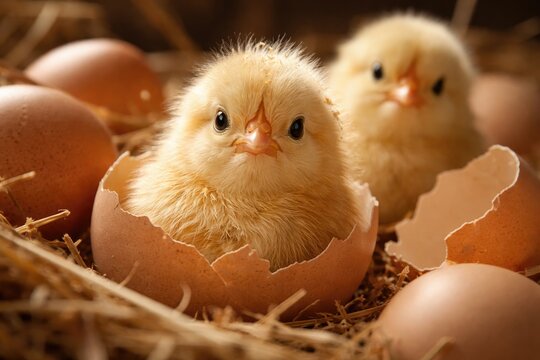 Close up of fluffy newborn chicks just hatched from eggs