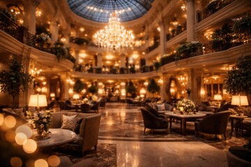 Obraz premium Elegant hotel atrium interior with soft warm light and blurred bokeh effects suitable for design projects
