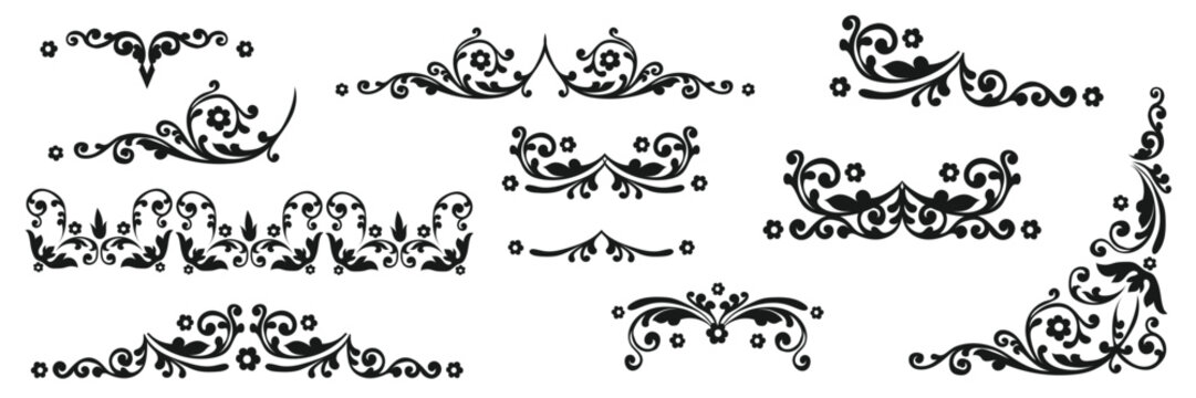 Black arabesque decorative elements. Vintage swirl-style ornament. Russian style, leaf pattern, elegant filigree ornament. Vector Slavic traditional motif. Suitable for card, wedding, and invitation.