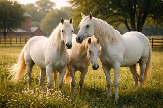 White horses standing quietly next to each other on a flourishing farmland
