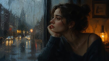 Obraz premium Melancholy Woman Watching Rainy Night City Lights from Window