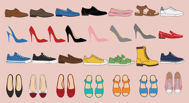 Footwear collection icons, diverse shoe styles, sneakers boots heels sandals, colorful fashion design artwork, casual formal footwear illustration, flat vector illustration