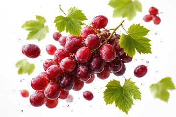 Naklejka premium Red grapes and leaves caught mid flight on a clean white background