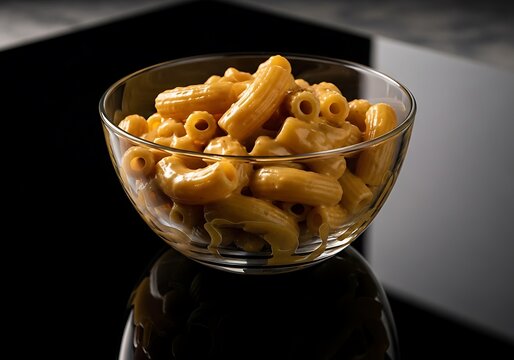 A glass bowl filled with delicious macaroni and cheese on a black reflective surface. macarrones