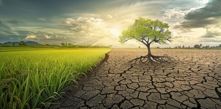 Conceptual split landscape showcasing lush green agricultural fields alongside dry cracked drought land with a single tree under bright sunbeams, ideal for environmental awareness.
