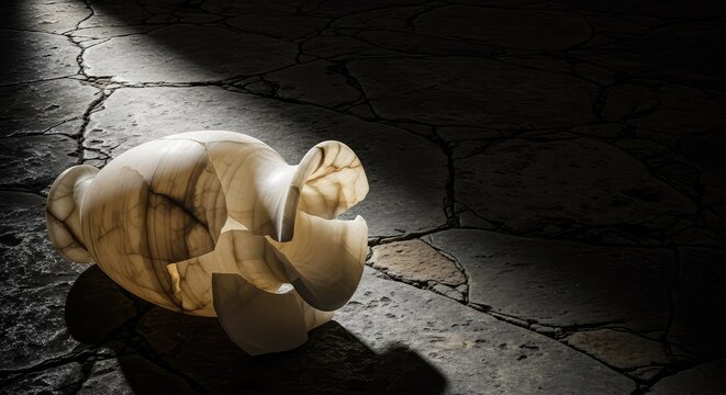 A fractured alabaster vase rests on a textured, ancient stone floor with deep cracks. Soft lighting highlights the pale, translucent stone, textured, dramatic, background