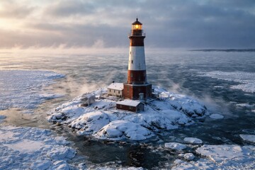 Obraz premium High resolution image of a Finnish lighthouse surrounded by icy waters in winter