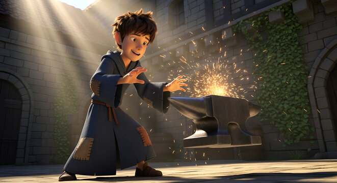 Young wizard merlin apprentice practicing magic on a floating anvil