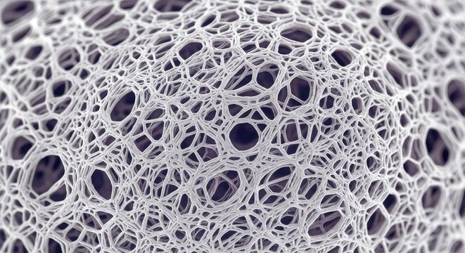 A high-resolution microscopic simulation showing the intricate and delicate fibrous structure of collagen proteins in biological tissue, matrix, science, abstract