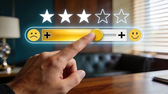 Hand adjusting customer satisfaction slider rating service quality with five stars user experience feedback positive review concept business performance metric client happiness