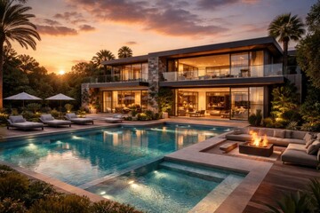 Fototapeta premium Golden hour image of a modern villa with an illuminated pool and spacious backyard