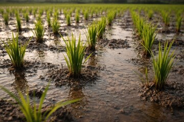 Fototapeta premium Early rice growth phase with seedlings in heavily watered muddy fields
