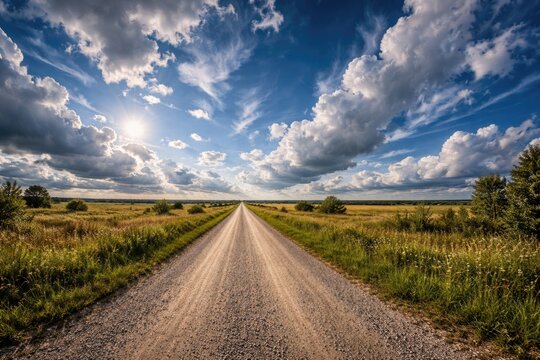 Wide angle HDRI panorama of a gravel road framed by a dynamic blue sky with clouds tailored for game development skies