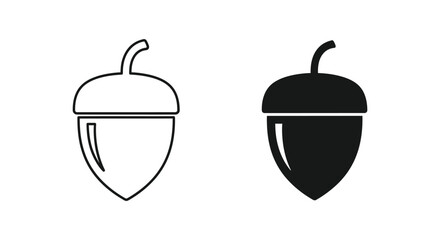 Organic acorn nut icon represented in clean line art and solid black silhouette styles for nature and autumn themes © Design