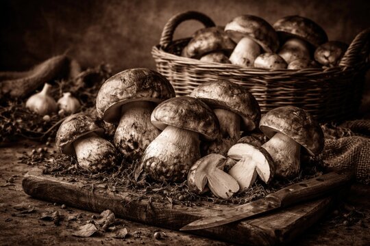 Sepia background with black and white cep porcini mushrooms showcasing a vintage culinary concept