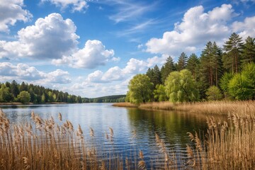 Obraz premium Peaceful blue cloudy sky above a lakeside with dry reeds and mixed forest of willows and pines