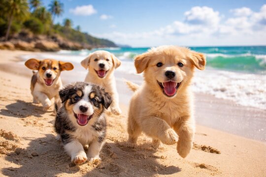 Excited puppies frolicking on sunny beach coastline