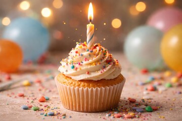 Naklejka premium Sweet birthday delight topped with a burning candle and assorted sprinkles on a muted surface
