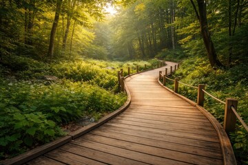 Obraz premium Natural boardwalk pathway twisting through vibrant woodland with open copy space area